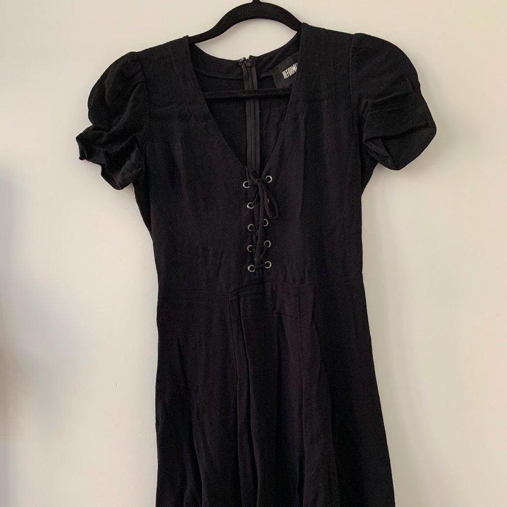 Reformation black lace up mini dress